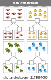 Education game for children fun counting picture in each box of cute cartoon underwater animal crab fish turtle jellyfish printable worksheet