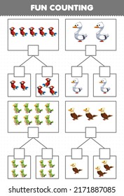 Education game for children fun counting picture in each box of cute cartoon bird animal parrot swan parakeet eagle printable worksheet