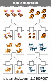 Education game for children fun counting picture in each box of cute cartoon carnivore animal vulture lion tiger wolf printable worksheet