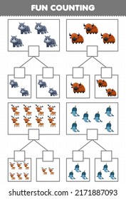 Education game for children fun counting picture in each box of cute cartoon horn animal rhino yak deer narwhal printable worksheet