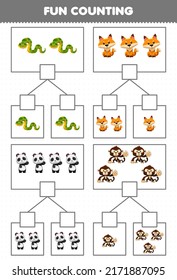 Education game for children fun counting picture in each box of cute cartoon forest animal snake fox panda monkey printable worksheet
