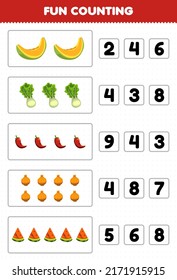 Education game for children fun counting and choosing the correct number of cartoon fruit and vegetable melon lettuce chili onion watermelon printable worksheet