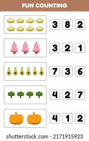 Education game for children fun counting and choosing the correct number of cartoon fruit and vegetable cauliflower cashew avocado spinach pumpkin printable worksheet