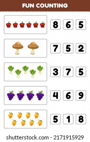 Juego de educación para niños conteo divertido y elección del número correcto de dibujos animados fruta y verdura paprika lechuga de uva mango de uva imprimible hoja de cálculo
