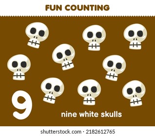 Education game for children fun counting nine white skulls halloween worksheet