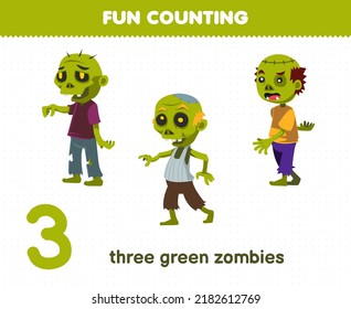 Education game for children fun counting three green zombies halloween worksheet