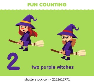 Education game for children fun counting two purple witches halloween worksheet
