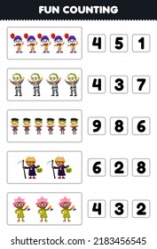 Education Game For Children Fun Counting And Choosing The Correct Number Of Cute Cartoon Clown Skeleton Frankenstein Scientist Costume Halloween Printable Worksheet