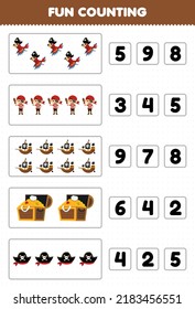 Education game for children fun counting and choosing the correct number of cute cartoon parrot treasure chest hat ship pirate boy costume halloween printable worksheet