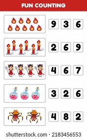 Education game for children fun counting and choosing the correct number of cute cartoon fire candle spider potion bottle devil girl costume halloween printable worksheet