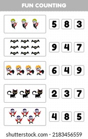 Education game for children fun counting and choosing the correct number of cute cartoon black cat bat dracula costume halloween printable worksheet