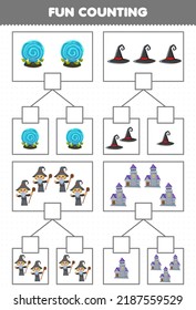 Education game for children fun counting picture in each box of cute cartoon magic orb hat castle wizard costume halloween printable worksheet