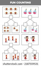 Education game for children fun counting picture in each box of cute cartoon spider potion bottle candle devil girl costume halloween printable worksheet