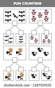 Juego de educación para niños diversión contando imágenes en cada caja de dibujos animados bonitos gato murciélago negro dracula disfraz halloween hoja de cálculo imprimible