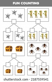 Juego de educación para niños diversión contando imágenes en cada caja de dibujos animados lindo araña web pecho mami disfraz halloween hoja de cálculo imprimible