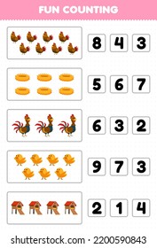 Education game for children fun counting and choosing the correct number of cute cartoon chicken hen nest rooster chick coop printable farm worksheet