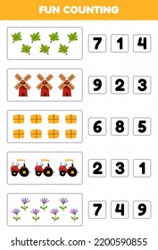 Education game for children fun counting and choosing the correct number of cute cartoon leaf windmill hay tractor flower printable farm worksheet
