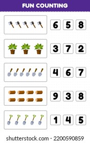 Education game for children fun counting and choosing the correct number of cute cartoon ax plant shovel wood log hoe printable farm worksheet