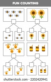 Education game for children fun counting picture in each box of cute cartoon bee sunflower beehive honey printable farm worksheet