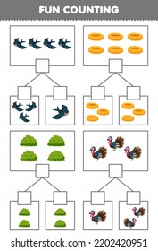 Education game for children fun counting picture in each box of cute cartoon bird nest bush turkey printable farm worksheet
