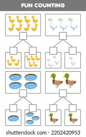 Education Game For Children Fun Counting Picture In Each Box Of Cute Cartoon Duck Goose Pond Printable Farm Worksheet