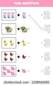 Education game for children fun counting and add one more cute cartoon farm animal then choose the correct number by tracing the line worksheet