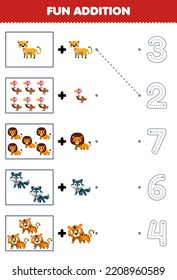 Education game for children fun counting and add one more cute cartoon carnivore animal then choose the correct number by tracing the line worksheet