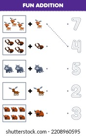 Education game for children fun counting and add one more cute cartoon horn animal then choose the correct number by tracing the line worksheet