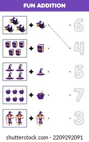 Education game for children fun counting and add one more cute cartoon witch set then choose the correct number by tracing the line halloween worksheet