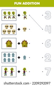 Education game for children fun counting and add one more cute cartoon zombie set then choose the correct number by tracing the line halloween worksheet