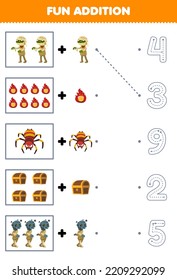 Education game for children fun counting and add one more cute cartoon mummy set then choose the correct number by tracing the line halloween worksheet