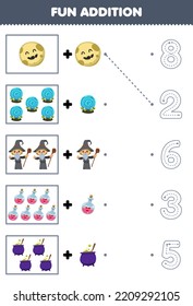 Education game for children fun counting and add one more cute cartoon wizard set then choose the correct number by tracing the line halloween worksheet
