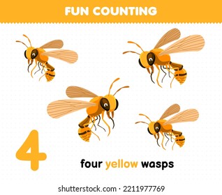 Education game for children fun counting four yellow wasps printable bug worksheet