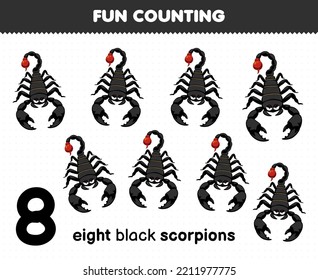 Education game for children fun counting eight black scorpions printable bug worksheet