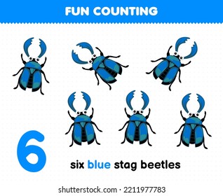Education game for children fun counting six blue stag beetles printable bug worksheet