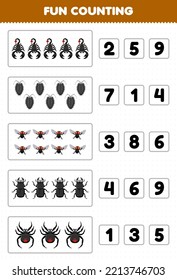 Education game for children fun counting and choosing the correct number of cute cartoon scorpion louse fly beetle spider printable bug worksheet