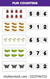 Education game for children fun counting and choosing the correct number of cute cartoon ladybug silkworm cocoon caterpillar butterfly printable bug worksheet