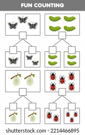 Education game for children fun counting picture in each box of cute cartoon butterfly caterpillar cocoon ladybug printable bug worksheet