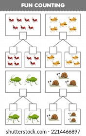Education game for children fun counting picture in each box of cute cartoon ant grasshopper aphid snail printable bug worksheet