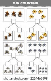 Education game for children fun counting picture in each box of cute cartoon spider printable bug worksheet