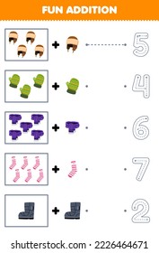 Education game for children fun counting and add one more cartoon beanie mitten scarf sock boot then choose the correct number winter worksheet