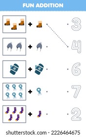 Education game for children fun counting and add one more cartoon boot beanie mitten scarf sock then choose the correct number winter worksheet