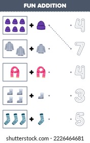Education game for children fun counting and add one more cartoon beanie coat scarf boot sock then choose the correct number winter worksheet