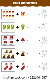Education game for children fun counting and add one more cartoon bell scarf hat boot sock then choose the correct number winter worksheet