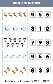 Education game for children fun counting and choosing the correct number of cute cartoon deer polar bear penguin arctic fox printable winter worksheet