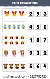 Education game for children fun counting and choosing the correct number of cute cartoon bell robot gift box doll teddy bear printable winter worksheet