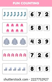 Education game for children fun counting and choosing the correct number of cute cartoon sock beanie coat scarf boot printable winter worksheet