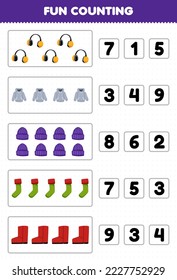 Education game for children fun counting and choosing the correct number of cute cartoon earmuff hoodie beanie sock boot printable winter worksheet