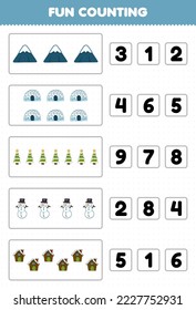 Education game for children fun counting and choosing the correct number of cute cartoon mountain igloo tree snowman house printable winter worksheet