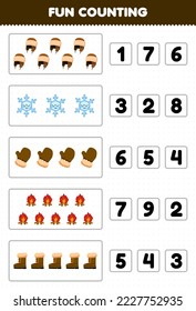 Juego de educación para niños conteo divertido y elección del número correcto de dibujos animados lindo sombrero copo de nieve intermitente fuego fuego arranque hoja de cálculo imprimible de invierno